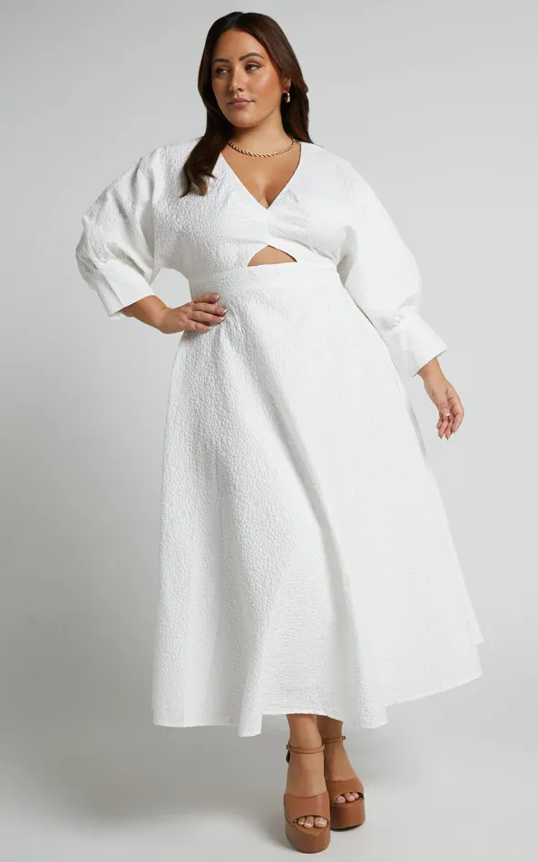 Showpo Ashtina Midi Dress 8211 V Neck Cut Out Puff Sleeve Dress In White Women Curve Clothes