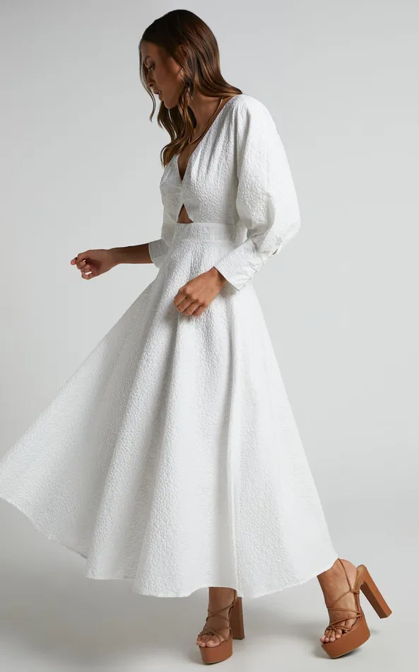 Showpo Ashtina Midi Dress 8211 V Neck Cut Out Puff Sleeve Dress In White Women Curve Clothes