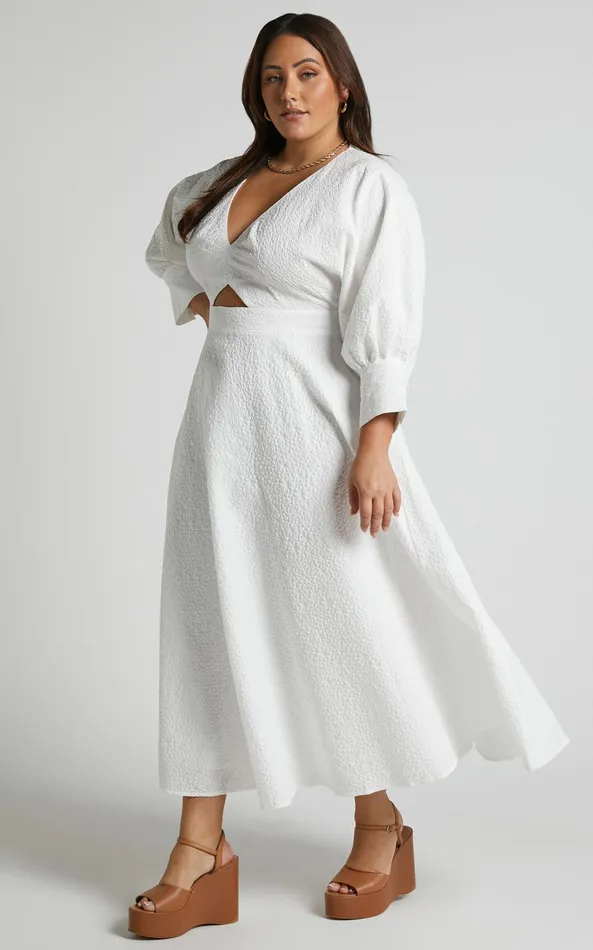 Showpo Ashtina Midi Dress 8211 V Neck Cut Out Puff Sleeve Dress In White Women Curve Clothes