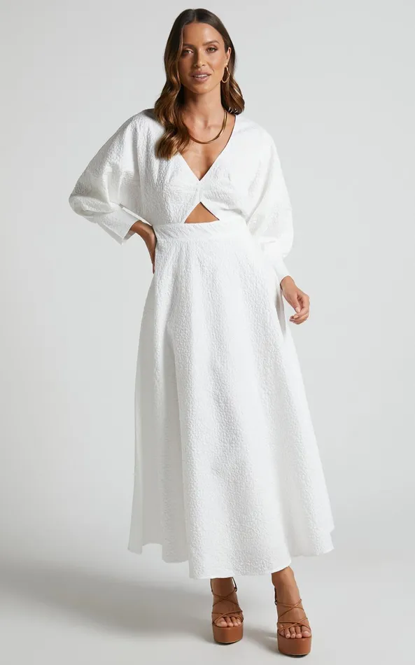 Showpo Ashtina Midi Dress 8211 V Neck Cut Out Puff Sleeve Dress In White Women Curve Clothes