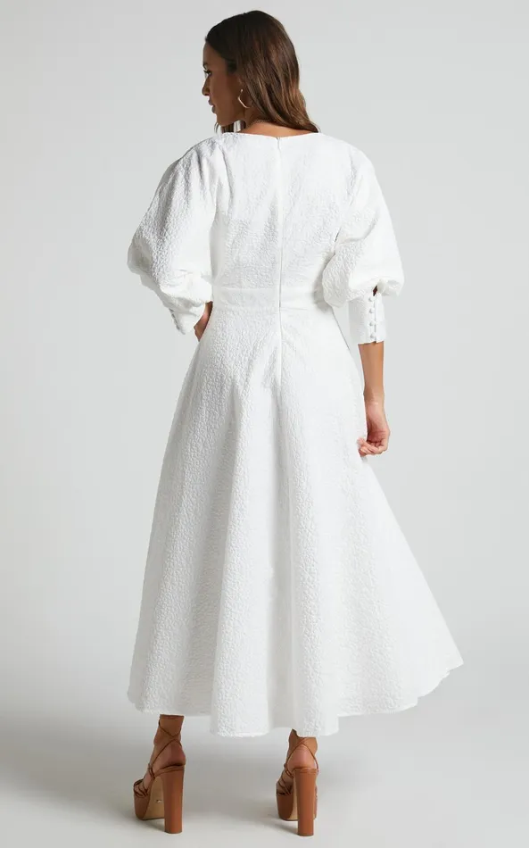 Showpo Ashtina Midi Dress 8211 V Neck Cut Out Puff Sleeve Dress In White Women Curve Clothes