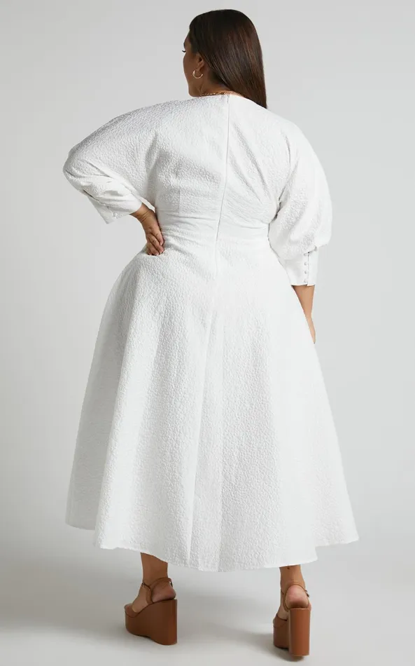 Showpo Ashtina Midi Dress 8211 V Neck Cut Out Puff Sleeve Dress In White Women Curve Clothes