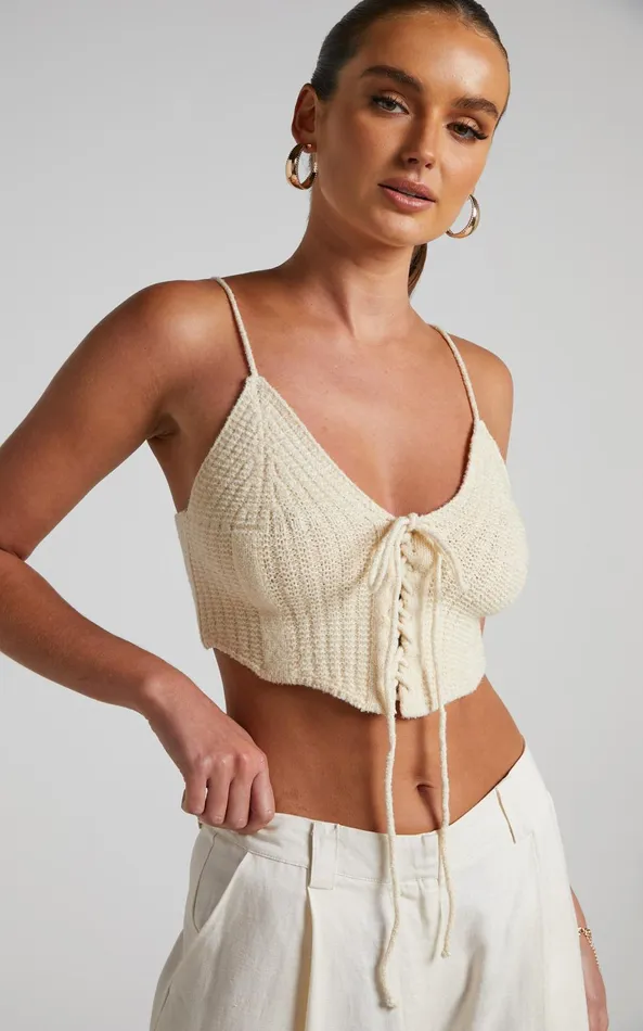 Showpo Ashtyn Top 8211 Knit Lace Up Corset Top In Natural Women Knitwear
