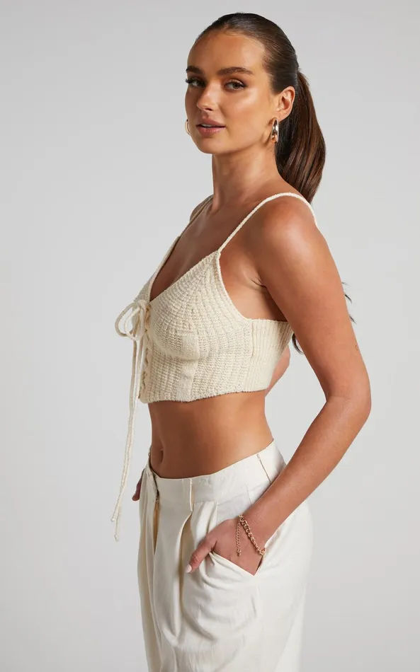 Showpo Ashtyn Top 8211 Knit Lace Up Corset Top In Natural Women Knitwear