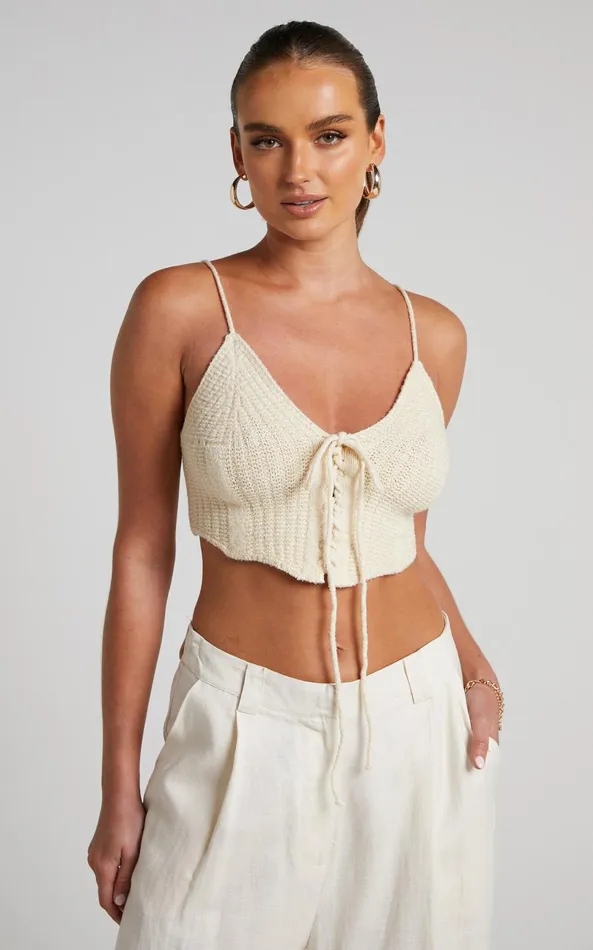 Showpo Ashtyn Top 8211 Knit Lace Up Corset Top In Natural Women Knitwear