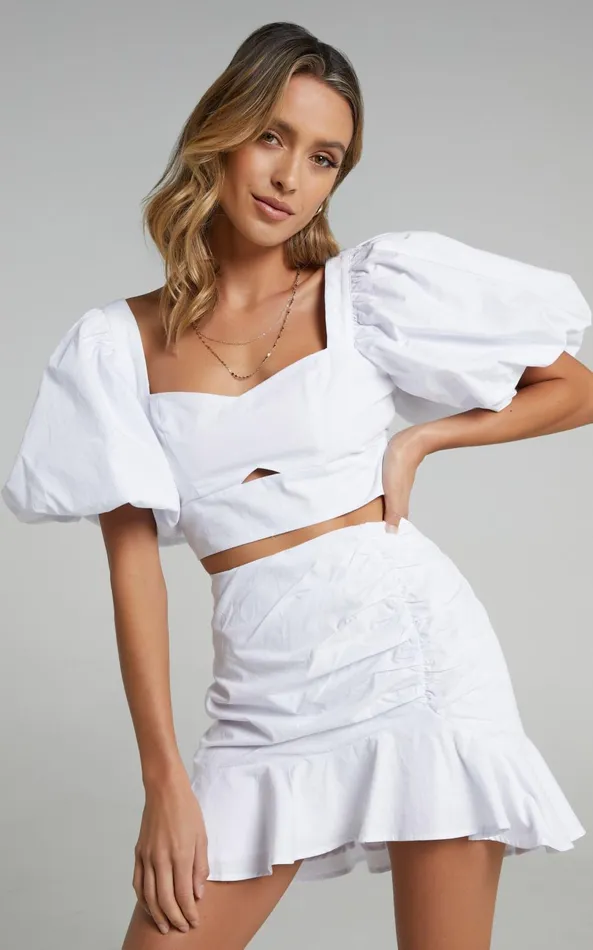Showpo Astarte Two Piece Set 8211 Puff Sleeve Crop Top And Ruched Mini Skirt Set In White Women Dresses