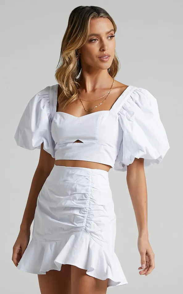 Showpo Astarte Two Piece Set 8211 Puff Sleeve Crop Top And Ruched Mini Skirt Set In White Women Dresses