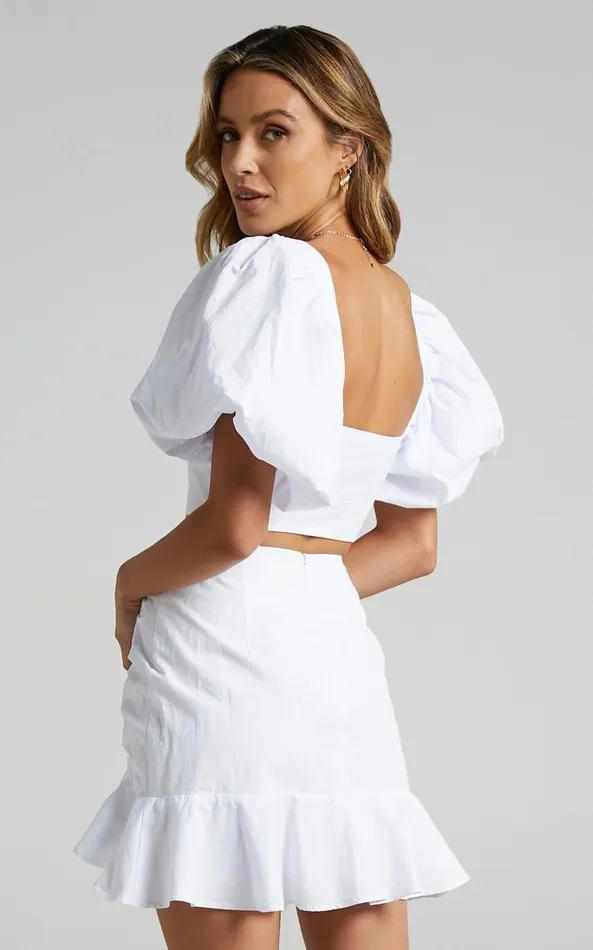 Showpo Astarte Two Piece Set 8211 Puff Sleeve Crop Top And Ruched Mini Skirt Set In White Women Dresses