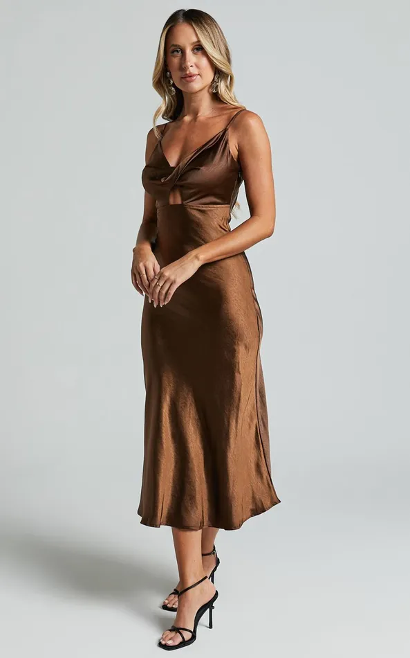 Showpo Astoria Midi Dress 8211 Satin Bias Cut Twist Front Cut Out Dress In Chocolate Women Dresses