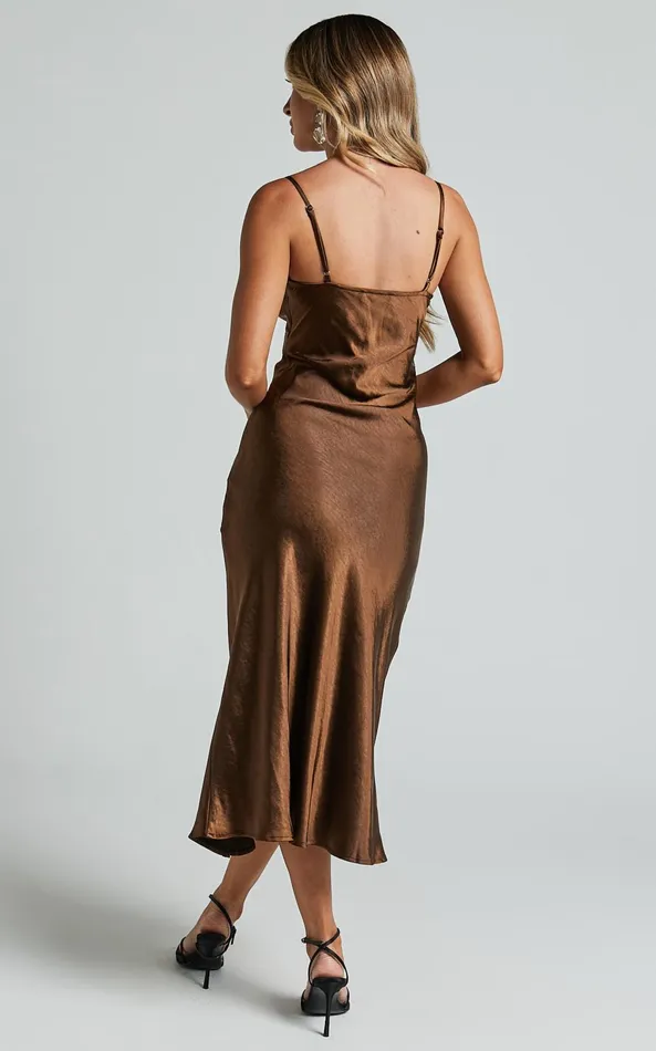 Showpo Astoria Midi Dress 8211 Satin Bias Cut Twist Front Cut Out Dress In Chocolate Women Dresses