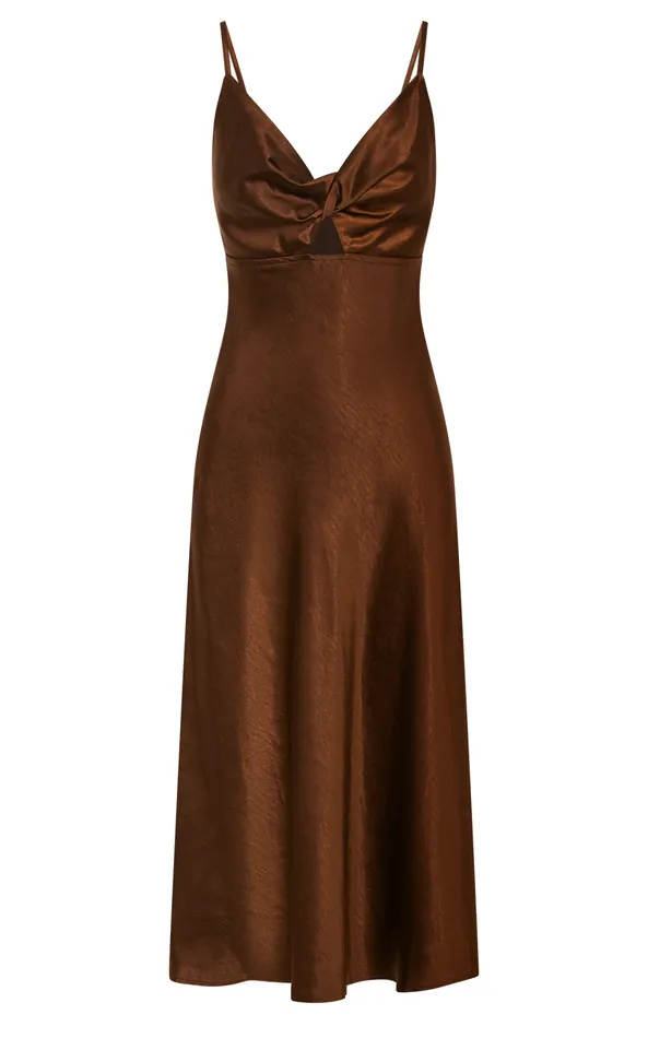 Showpo Astoria Midi Dress 8211 Satin Bias Cut Twist Front Cut Out Dress In Chocolate Women Dresses