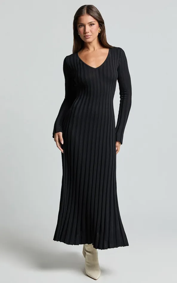 Showpo Astra Midi Dress 8211 V Neck Long Sleeve Knit Dress In Black Women Dresses Showpo Astra Midi Dress 8211 V Neck Long Sleeve Knit Dress In Black Women Dresses