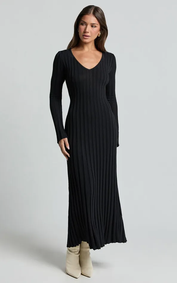 Showpo Astra Midi Dress 8211 V Neck Long Sleeve Knit Dress In Black Women Dresses