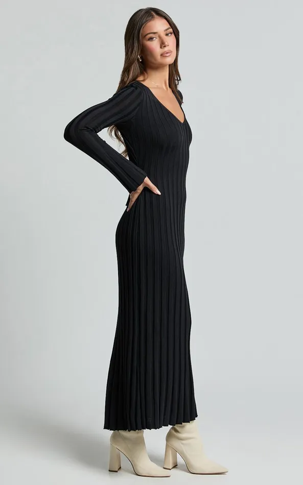 Showpo Astra Midi Dress 8211 V Neck Long Sleeve Knit Dress In Black Women Dresses
