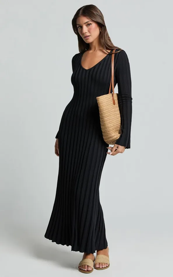 Showpo Astra Midi Dress 8211 V Neck Long Sleeve Knit Dress In Black Women Dresses