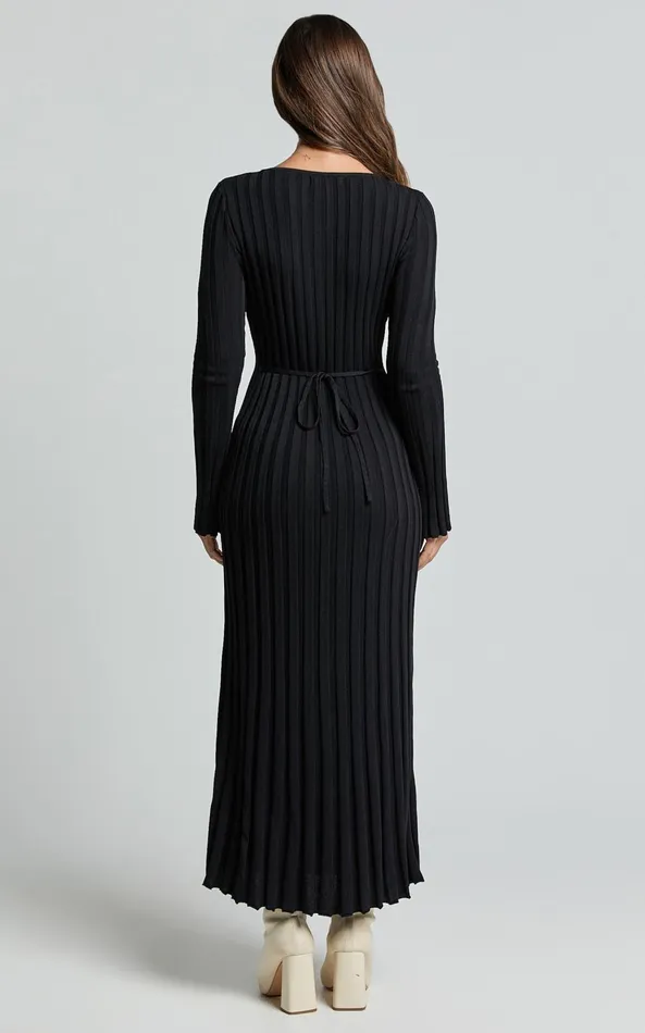 Showpo Astra Midi Dress 8211 V Neck Long Sleeve Knit Dress In Black Women Dresses