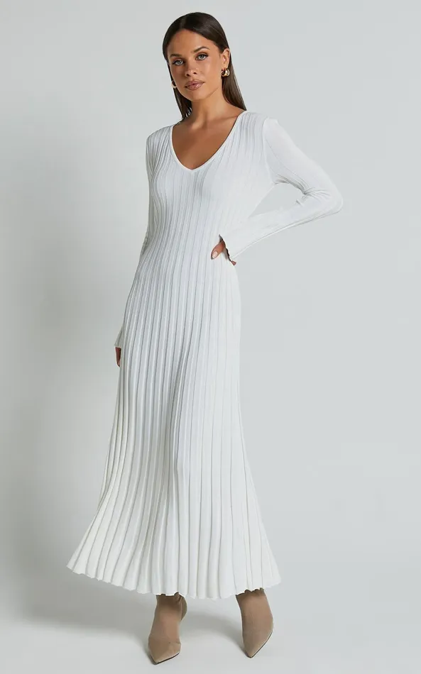 Showpo Astra Midi Dress 8211 V Neck Long Sleeve Knit Dress In White Women Dresses Showpo Astra Midi Dress 8211 V Neck Long Sleeve Knit Dress In White Women Dresses
