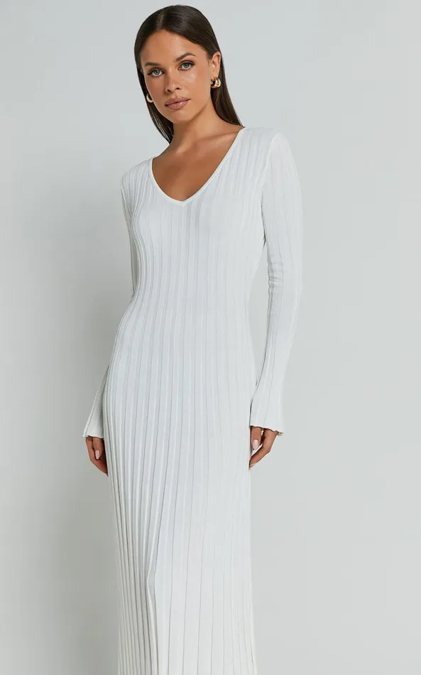 Showpo Astra Midi Dress 8211 V Neck Long Sleeve Knit Dress In White Women Dresses