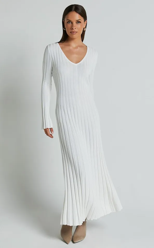Showpo Astra Midi Dress 8211 V Neck Long Sleeve Knit Dress In White Women Dresses