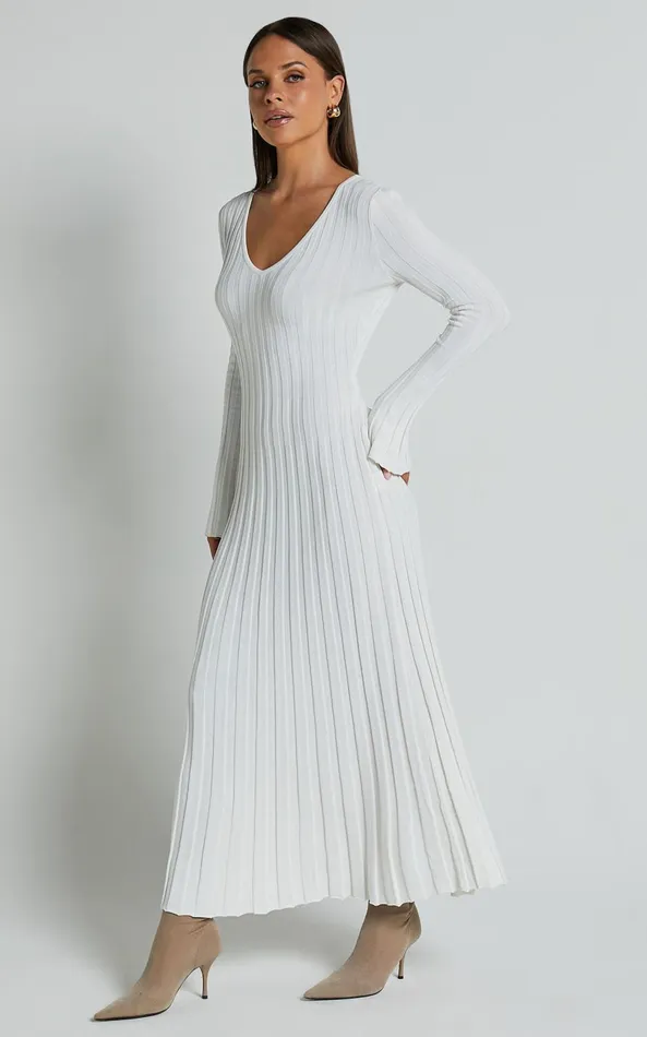 Showpo Astra Midi Dress 8211 V Neck Long Sleeve Knit Dress In White Women Dresses