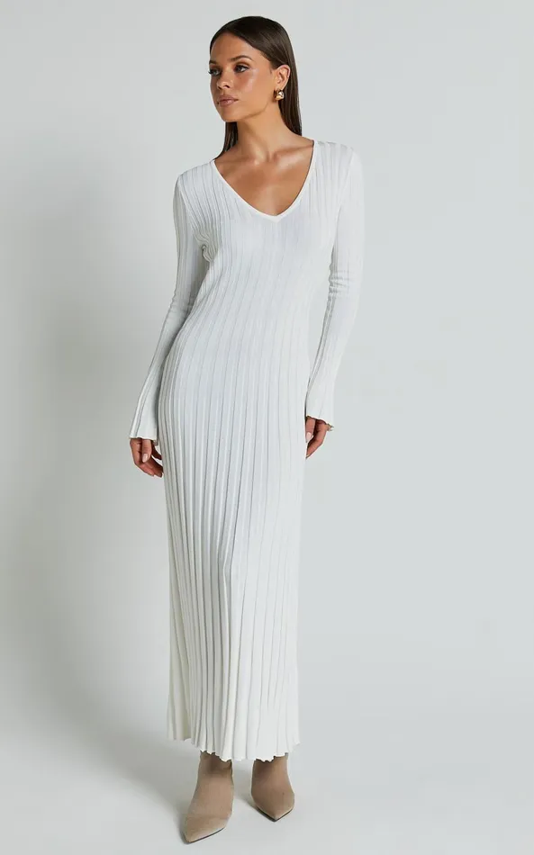 Showpo Astra Midi Dress 8211 V Neck Long Sleeve Knit Dress In White Women Dresses
