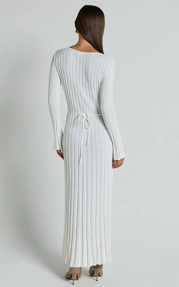 Showpo Astra Midi Dress 8211 V Neck Long Sleeve Knit Dress In White Women Dresses