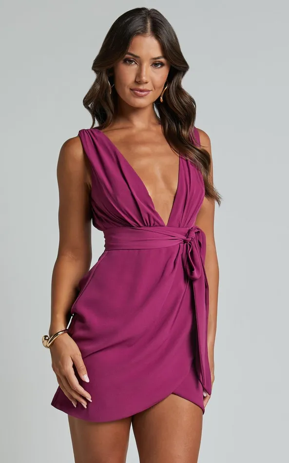 Showpo Astrea Mini Dress 8211 Plunge Tie Waist Drape Dress In Berry Women Dresses