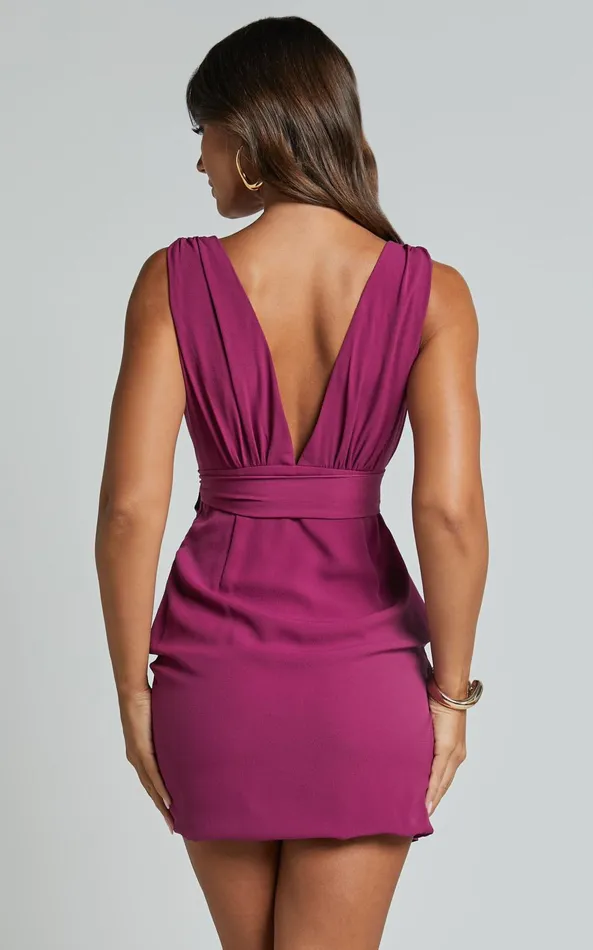 Showpo Astrea Mini Dress 8211 Plunge Tie Waist Drape Dress In Berry Women Dresses