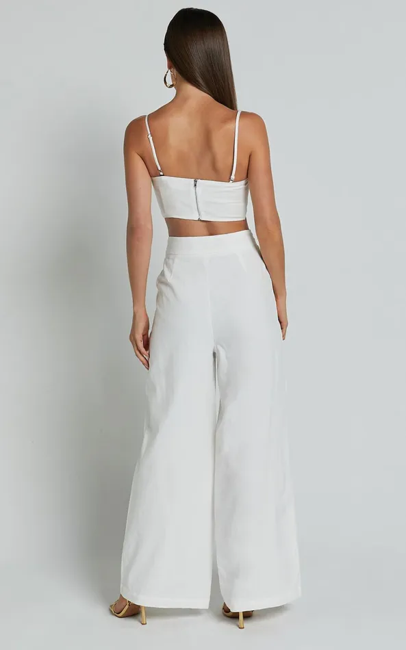 Showpo Astria Two Piece Set 8211 Tie Top And High Waisted Wide Leg Pants Set In White Women Dresses