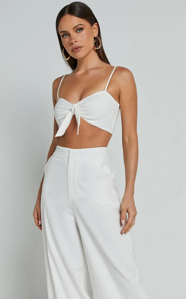 Showpo Astria Two Piece Set 8211 Tie Top And High Waisted Wide Leg Pants Set In White Women Dresses