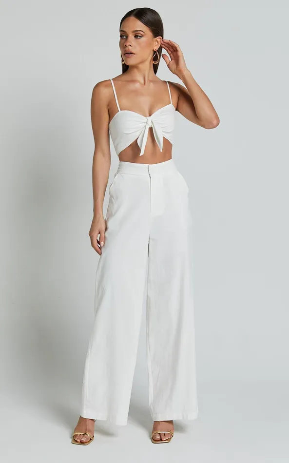 Showpo Astria Two Piece Set 8211 Tie Top And High Waisted Wide Leg Pants Set In White Women Dresses