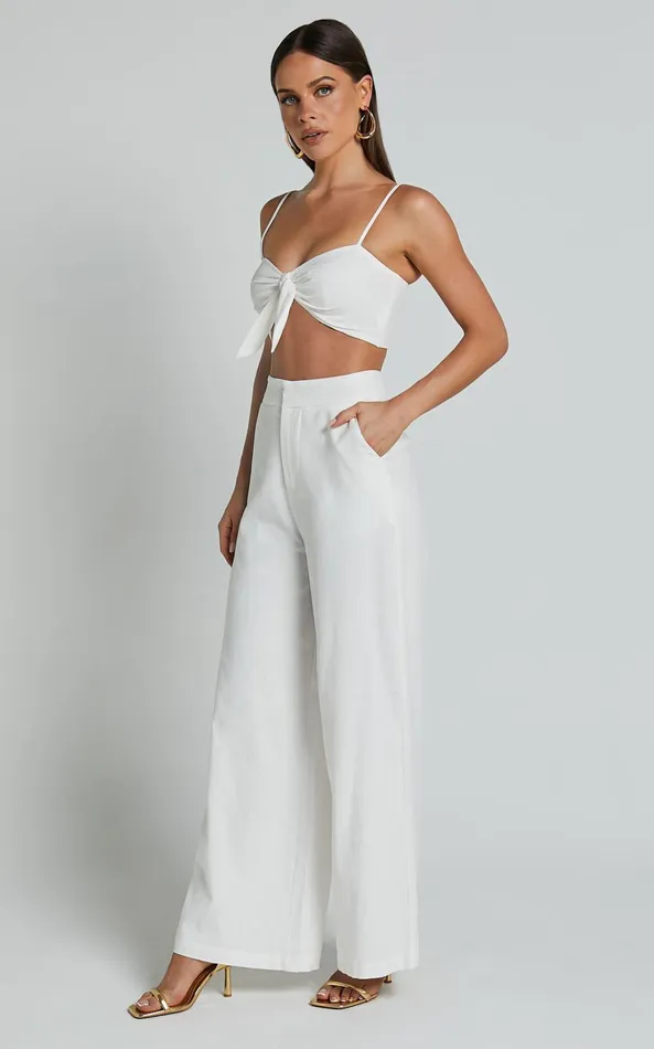 Showpo Astria Two Piece Set 8211 Tie Top And High Waisted Wide Leg Pants Set In White Women Dresses
