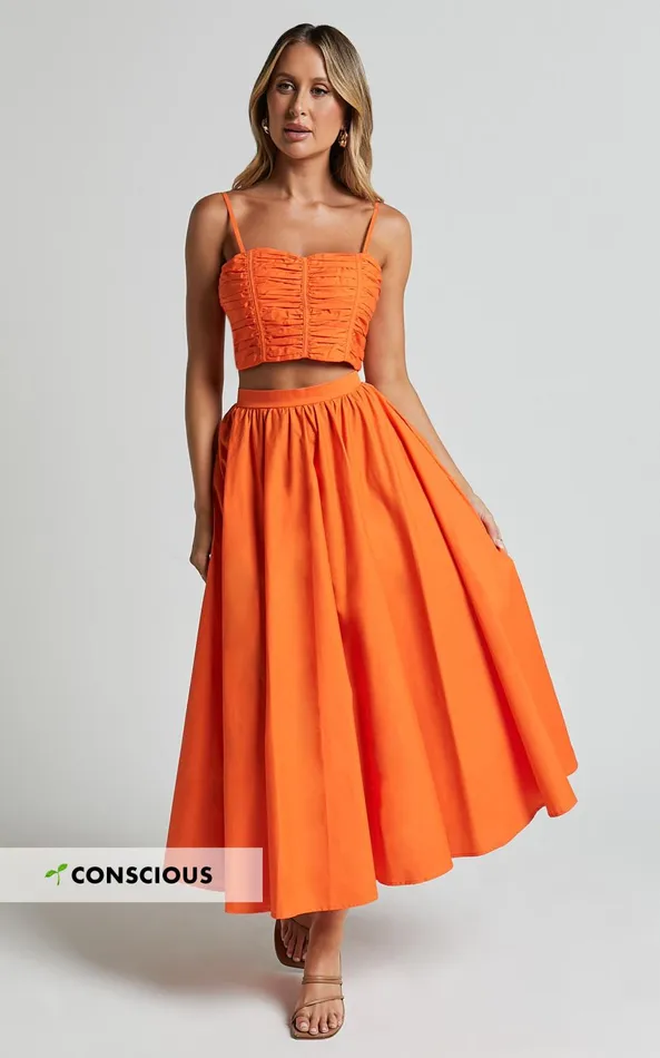 Showpo Astrid Two Piece Set 8211 Ruched Chest Top And Midi Skirt Set In Orange Women Two Piece Sets and Coords Showpo Astrid Two Piece Set 8211 Ruched Chest Top And Midi Skirt Set In Orange Women Two Piece Sets and Coords