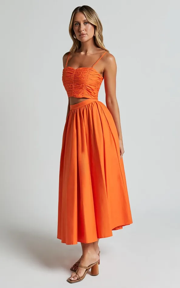 Showpo Astrid Two Piece Set 8211 Ruched Chest Top And Midi Skirt Set In Orange Women Two Piece Sets and Coords