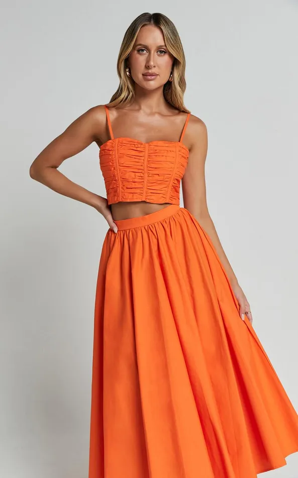 Showpo Astrid Two Piece Set 8211 Ruched Chest Top And Midi Skirt Set In Orange Women Two Piece Sets and Coords
