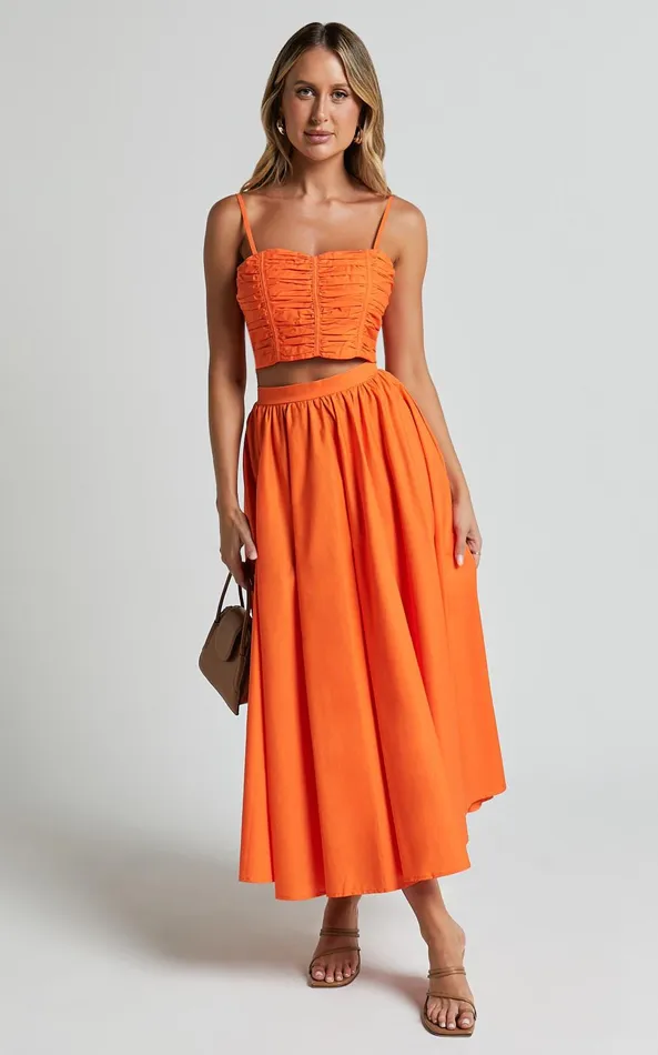 Showpo Astrid Two Piece Set 8211 Ruched Chest Top And Midi Skirt Set In Orange Women Two Piece Sets and Coords