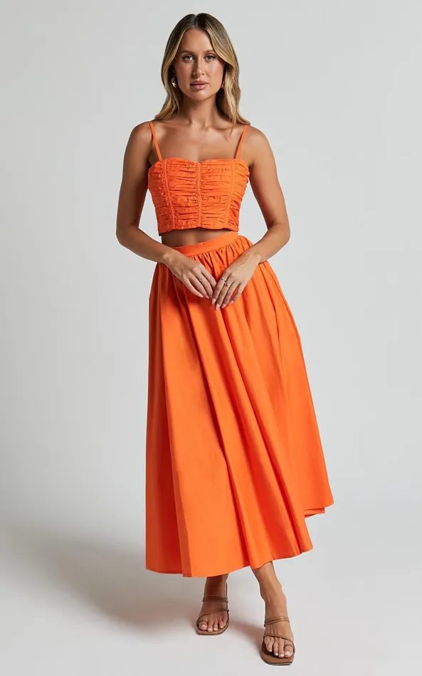 Showpo Astrid Two Piece Set 8211 Ruched Chest Top And Midi Skirt Set In Orange Women Two Piece Sets and Coords