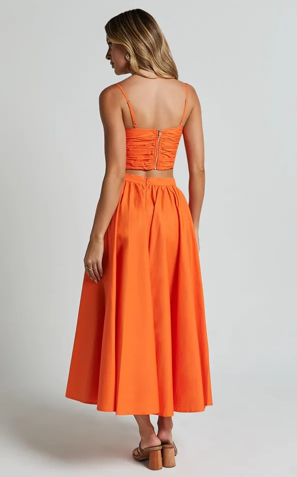 Showpo Astrid Two Piece Set 8211 Ruched Chest Top And Midi Skirt Set In Orange Women Two Piece Sets and Coords