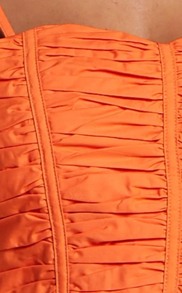 Showpo Astrid Two Piece Set 8211 Ruched Chest Top And Midi Skirt Set In Orange Women Two Piece Sets and Coords