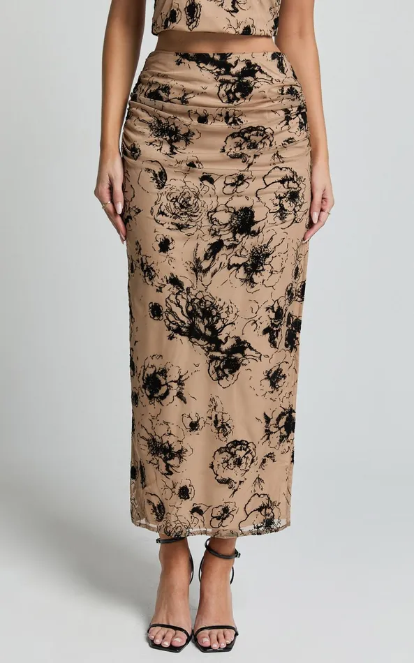 Showpo Athena Maxi Skirt 8211 Floral Mesh High Waist Skirt In Brown And Black Burnout Women Skirts