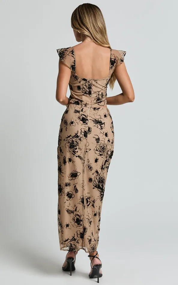 Showpo Athena Maxi Skirt 8211 Floral Mesh High Waist Skirt In Brown And Black Burnout Women Skirts