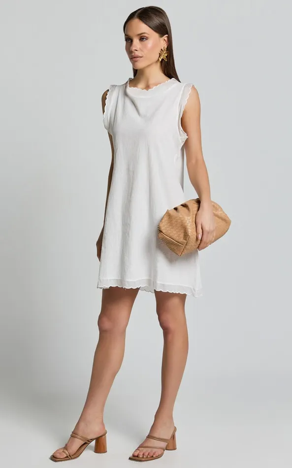Showpo Athena Mini Dress 8211 High Neck Wavy Hem A Line Dress In White Women Dresses
