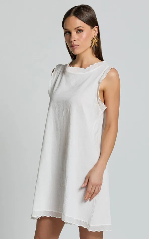 Showpo Athena Mini Dress 8211 High Neck Wavy Hem A Line Dress In White Women Dresses