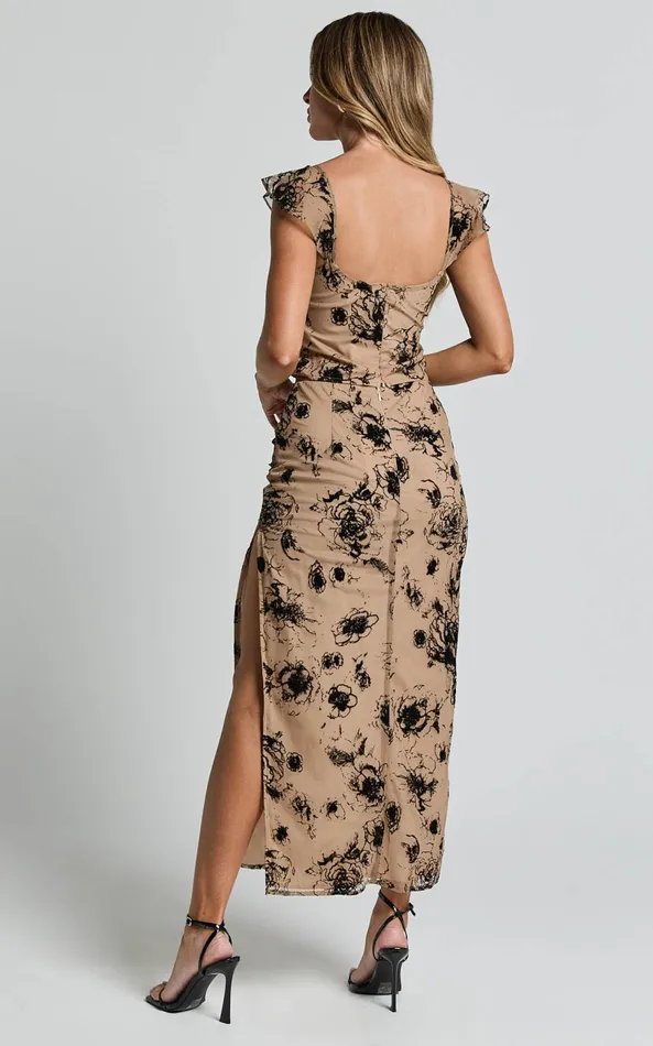 Showpo Athena Top 8211 Floral Mesh Flutter Sleeve Lace Trim Corset Top In Brown And Black Burnout Women Tops