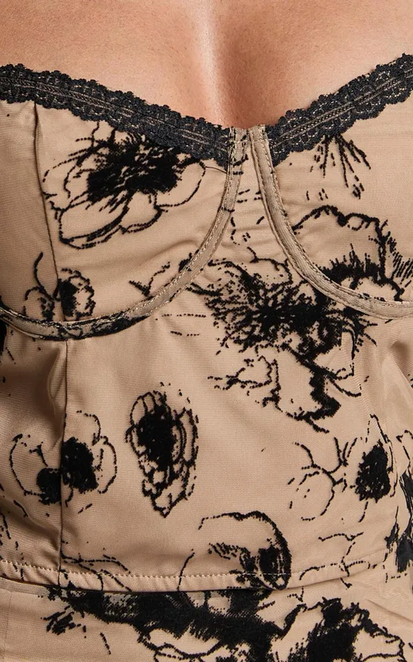 Showpo Athena Top 8211 Floral Mesh Flutter Sleeve Lace Trim Corset Top In Brown And Black Burnout Women Tops
