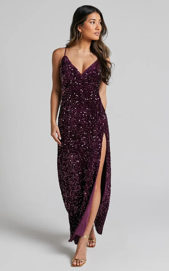 Showpo Athens Maxi Dress 8211 V Neck Thigh Slit Sequin Dress In Purple Women Dresses