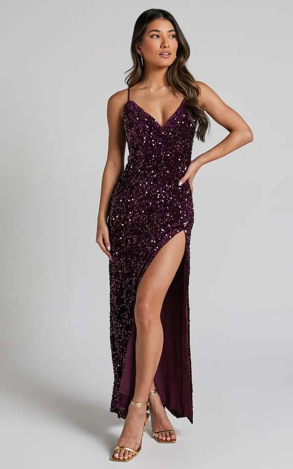 Showpo Athens Maxi Dress 8211 V Neck Thigh Slit Sequin Dress In Purple Women Dresses