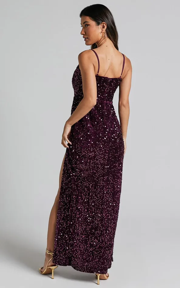 Showpo Athens Maxi Dress 8211 V Neck Thigh Slit Sequin Dress In Purple Women Dresses