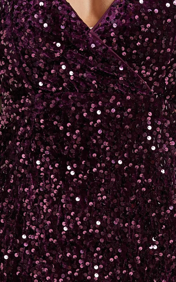Showpo Athens Maxi Dress 8211 V Neck Thigh Slit Sequin Dress In Purple Women Dresses