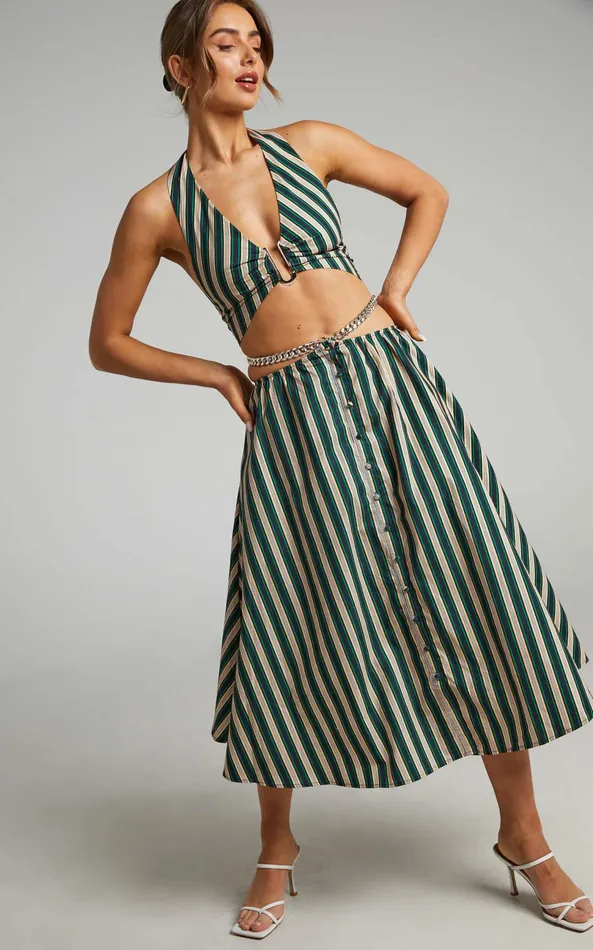 Showpo Atoir 8211 The Gravity Midi Skirt In IVY PEACH STRIPE Women Skirts